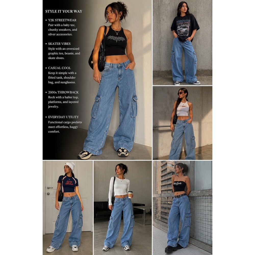 Y2K Cargo Wide Leg Oversized Jeans Streetwear Utility Baggy Denim Womens Size 2 - Picture 2 of 6